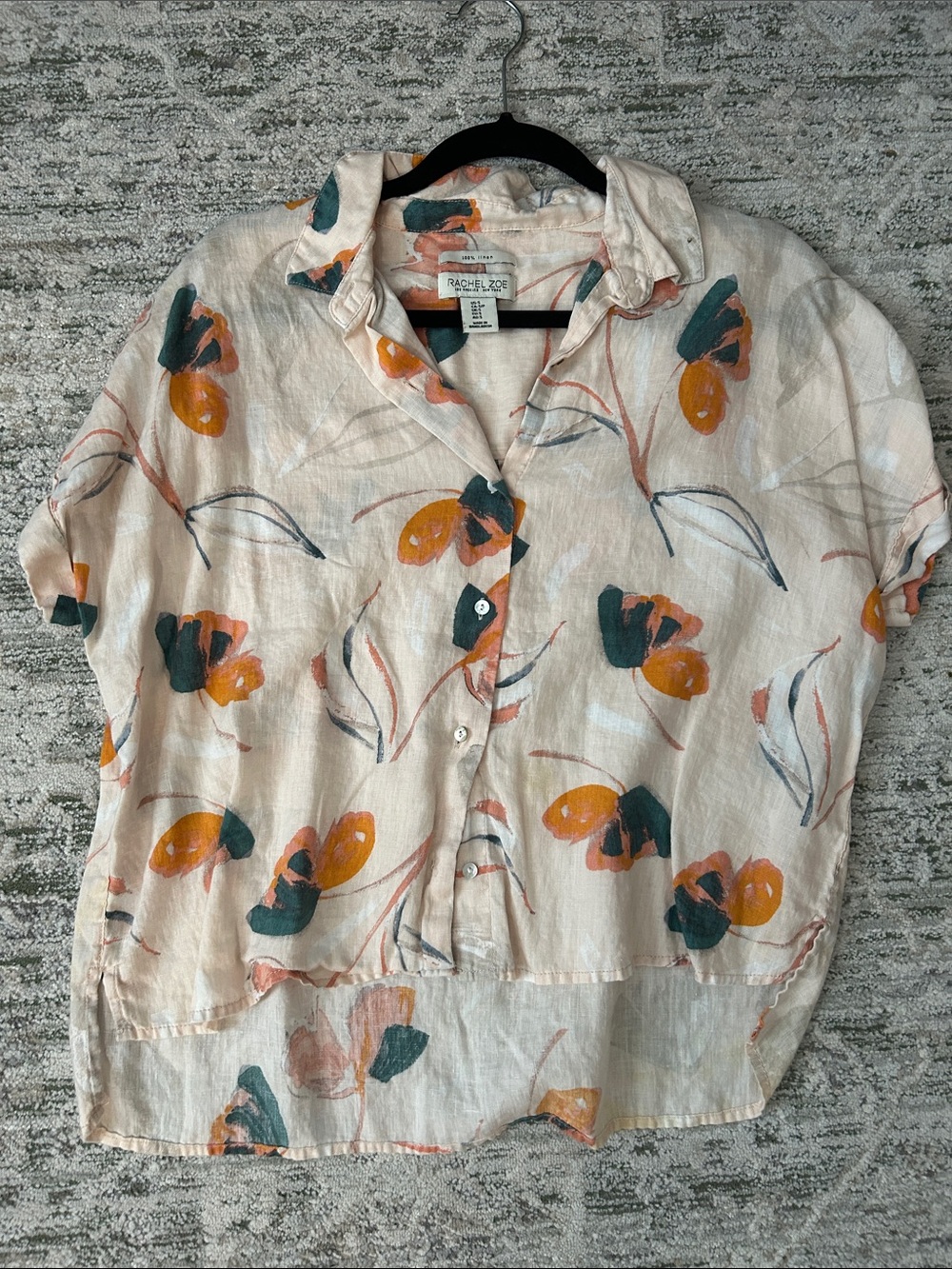 Rachel Zoe Cream Short-Sleeve Button-Down Shirt with Orange & Green Floral Print